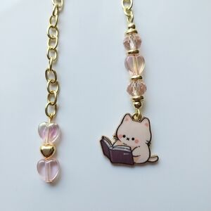 Bookmark Cute Reading Cat Beaded Gold Tone Chain Beaded Kawaii Bookworm Cat Mom